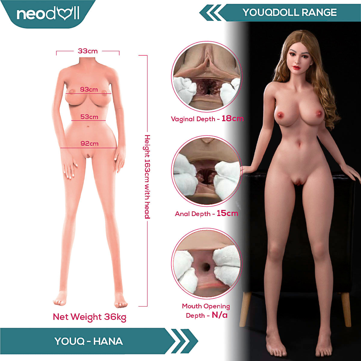 Youqdoll - Hana - Poupée de Sexe Entièrement en Silicone - 163cm - Cheveux Implémentés - Gel Sein - Naturel